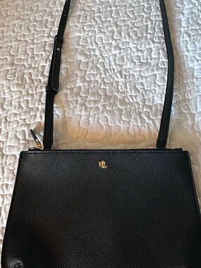 Ralph Lauren Black Leather Pebbled Crossbody with Gold RLL Accent